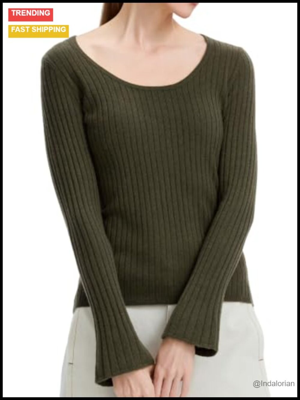Merino Wool Ribbed Knit Pullover Sweater U-Neck Flare Sleeve Women